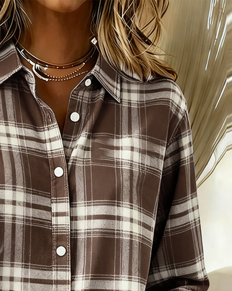 Plaid button-up shirt with notched collar, dark brown and white check, long sleeves