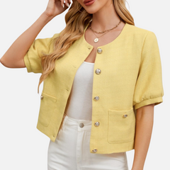 Cropped yellow tweed blazer jacket with short sleeves, gold-tone buttons, front pockets