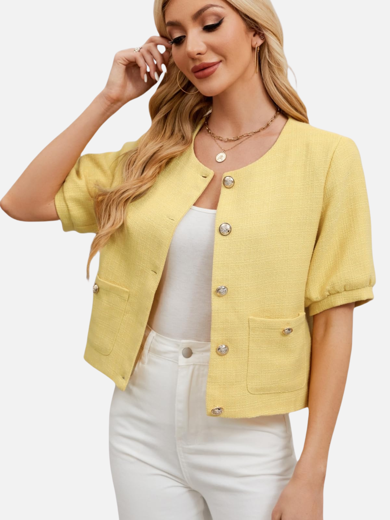 Cropped yellow tweed blazer jacket with short sleeves, gold-tone buttons, front pockets