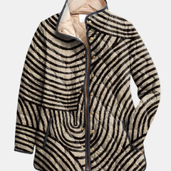 Hooded quilted jacket, black-and-cream zebra-style stripes, button placket