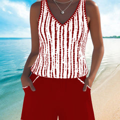Red two-piece V-neck swimsuit set with sleeveless stripe tank and matching shorts