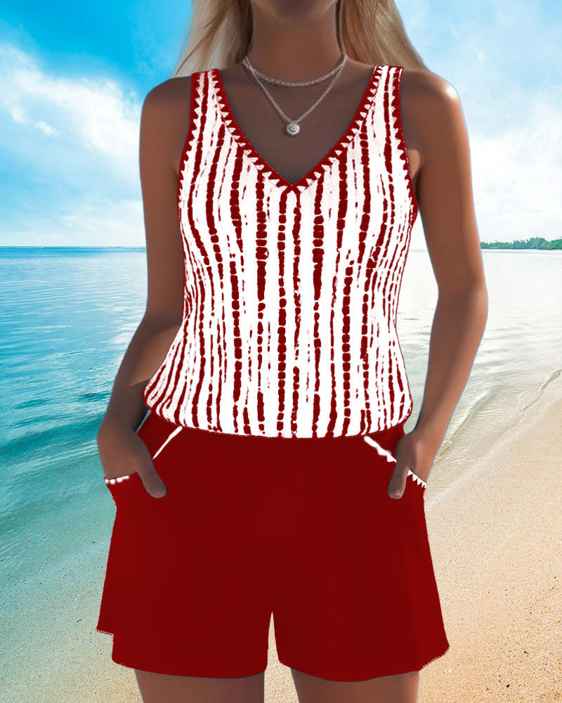 Red two-piece V-neck swimsuit set with sleeveless stripe tank and matching shorts