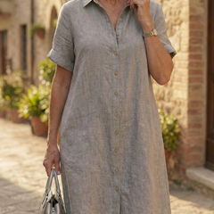 Gray linen-look courtyard walk dress with button front, short sleeves, and front pocket detailing