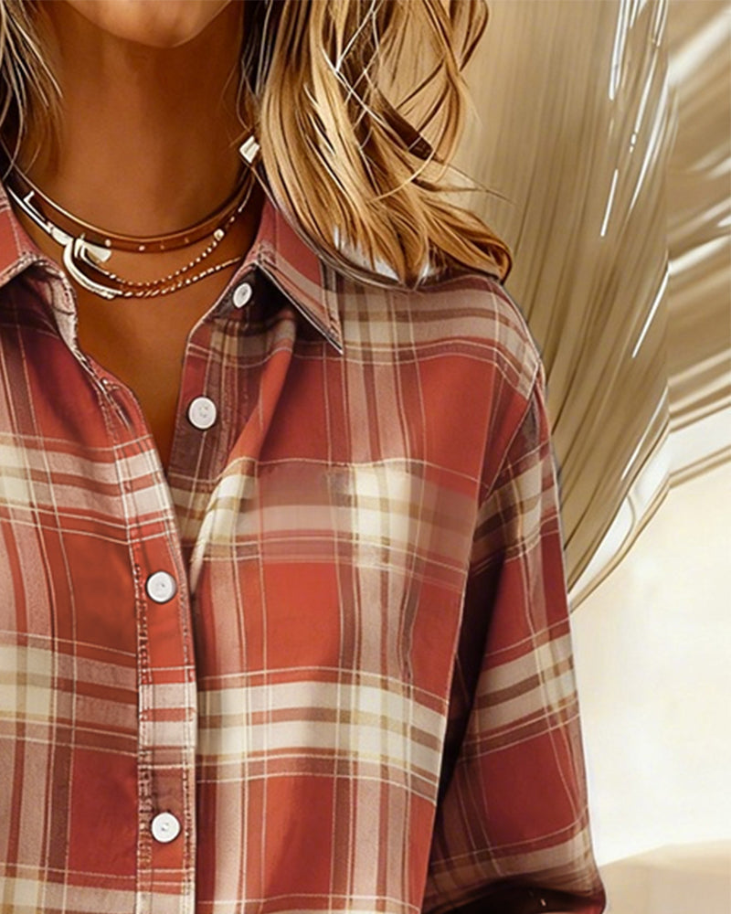 Plaid button-up shirt with notched collar, orange-red and white check, button front