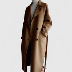 Maeve classic elegant coat, tan-brown close-up of lapel and sleeve button detail