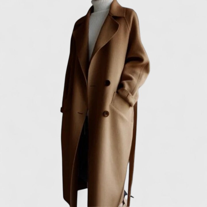 Maeve classic elegant coat, tan-brown close-up of lapel and sleeve button detail