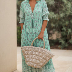 Mint green printed half-sleeve V-neck tiered dress