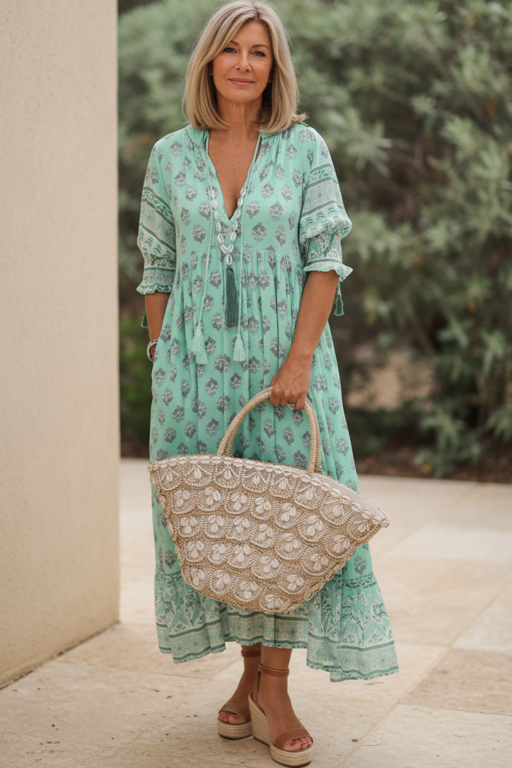 Mint green printed half-sleeve V-neck tiered dress