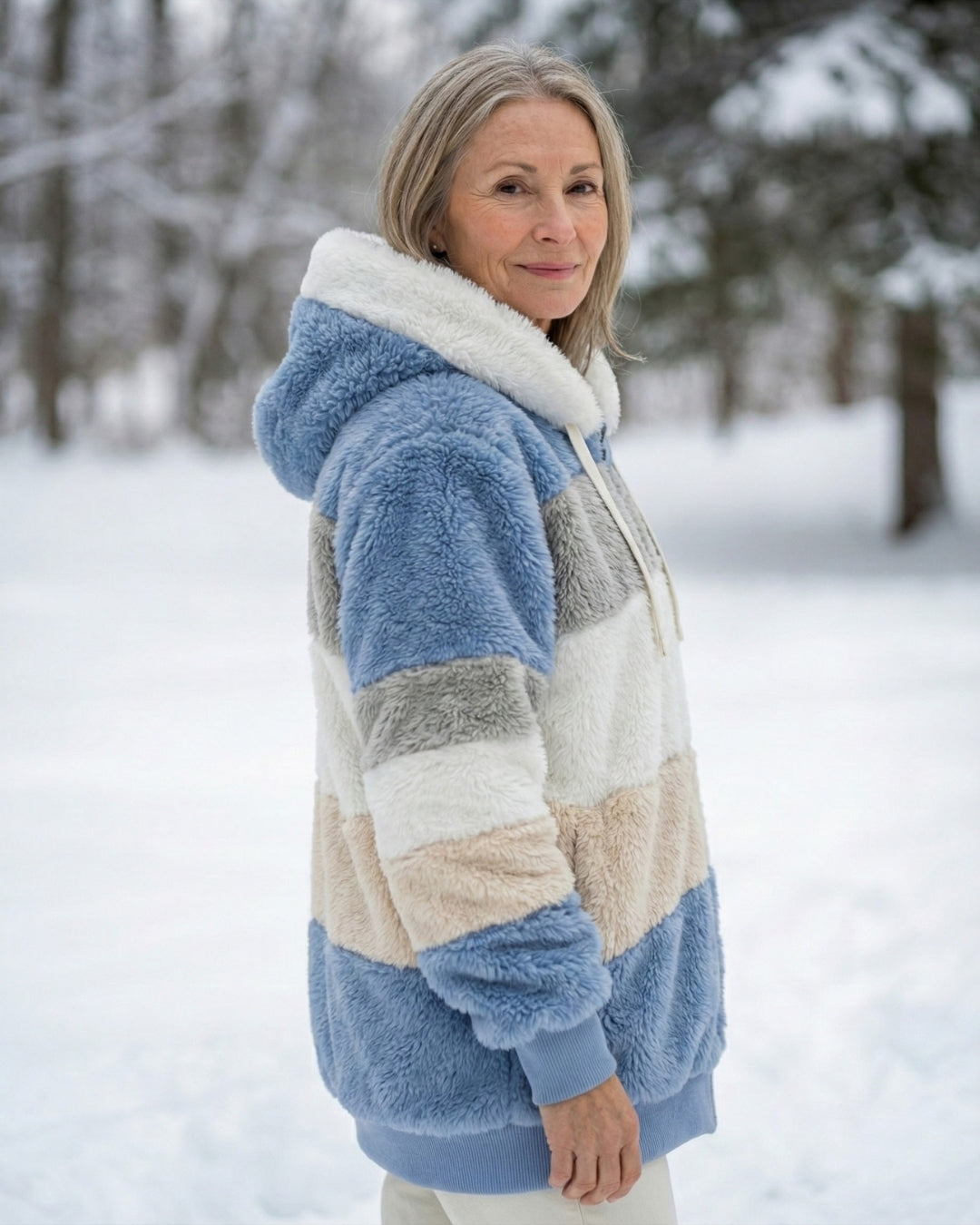 Colorblock plush zip-up hoodie jacket, side view in blue, gray, and cream color blocks