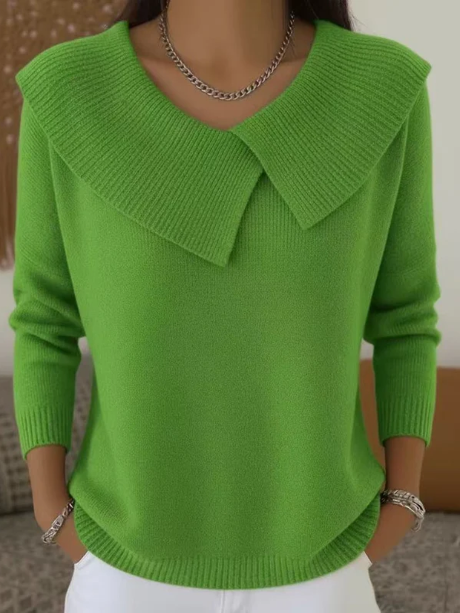 Green knit warm jumper with soft collar, V-neck and long sleeves