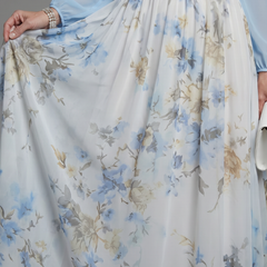Floral maxi skirt with blue and gold-toned blossoms, airy gathered fabric