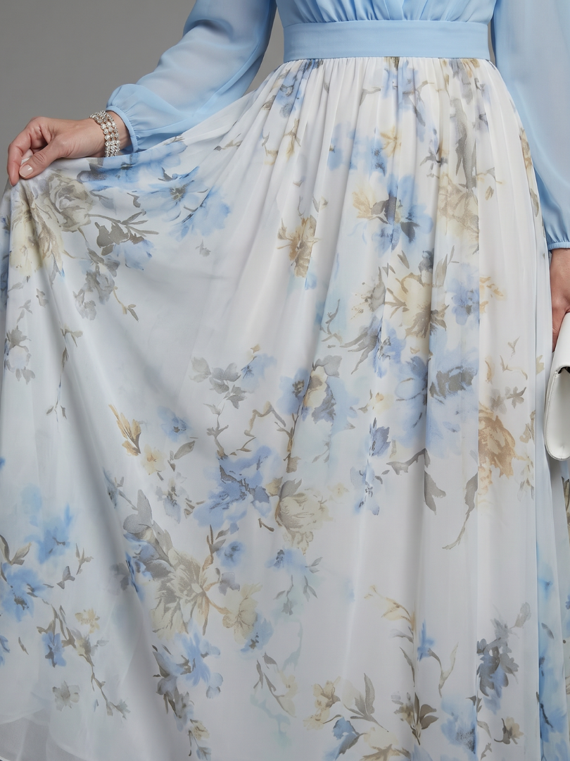 Floral maxi skirt with blue and gold-toned blossoms, airy gathered fabric