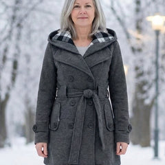 Gray wool belted coat with hood and double-breasted buttons, plaid collar trim