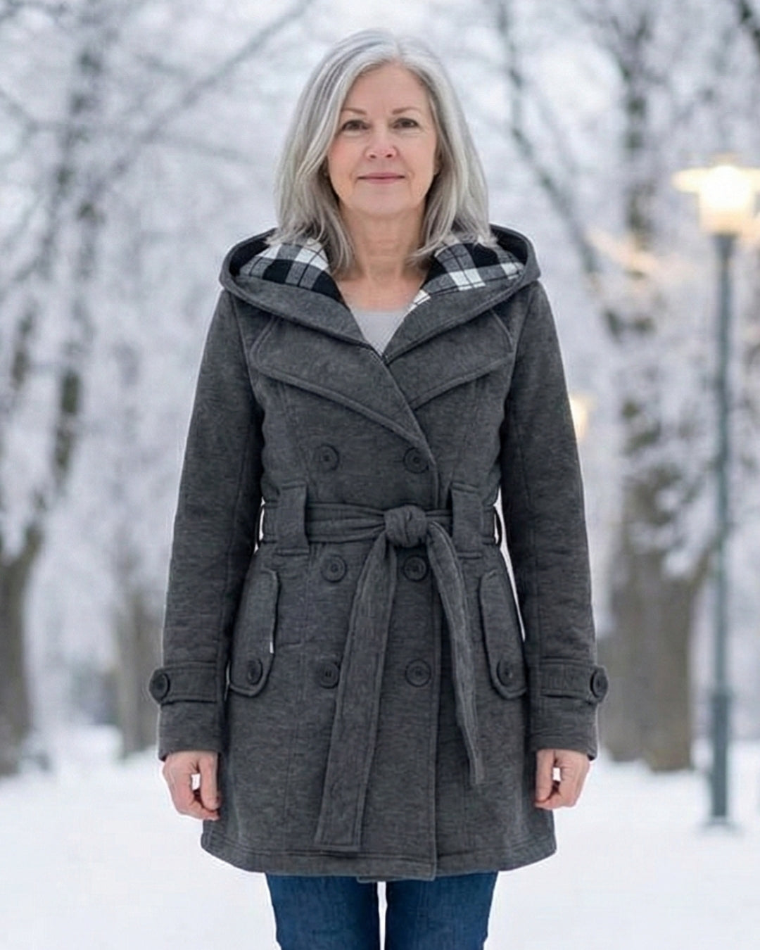 Gray wool belted coat with hood and double-breasted buttons, plaid collar trim