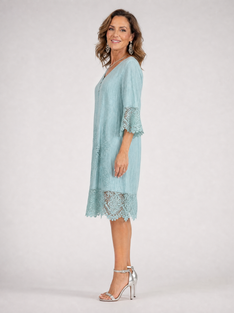 Light blue shift midi dress with short sleeves and lace-trimmed hem panel