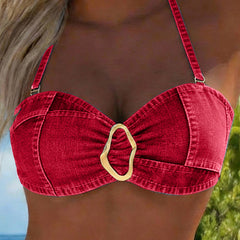 Red denim-style bandeau bikini top with center oval metal buckle and thin straps