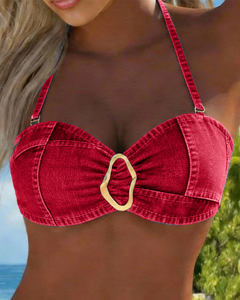 Red denim-style bandeau bikini top with center oval metal buckle and thin straps