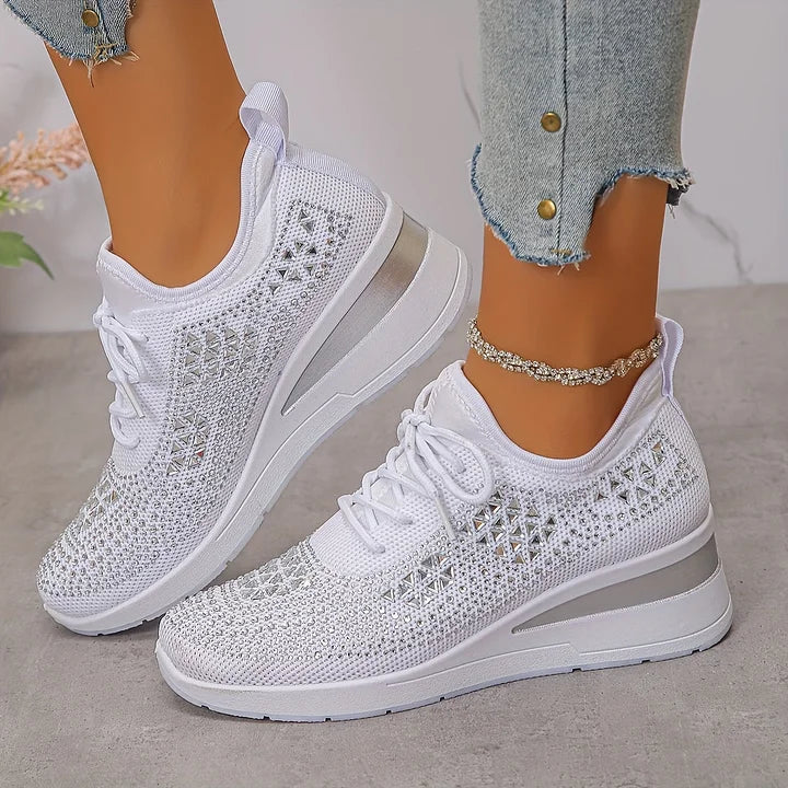 White knit lace-up comfort sneakers with rhinestone geometric pattern and thick sole