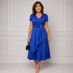 Rhinestone waist midi dress in royal blue, short sleeves, V-neck wrap skirt