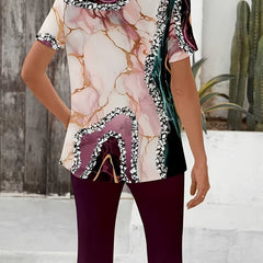 Printed stretch two-piece set, maroon capri leggings and patterned short-sleeve top back