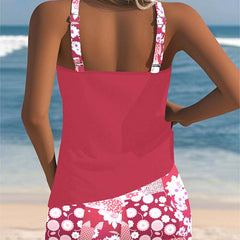 Belly-covering swim set, pink racerback tank and pink-and-white floral patterned swim shorts, back view