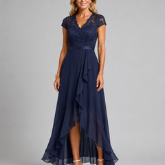 Navy blue lace evening dress with cap sleeves, fitted waist, and asymmetrical ruffle hem