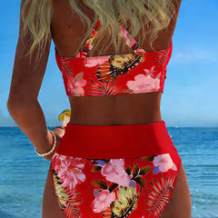 Floral contrast split bikini in red and white with tropical floral panels and high-rise briefs