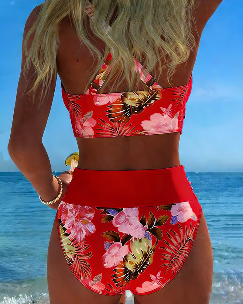 Floral contrast split bikini in red and white with tropical floral panels and high-rise briefs