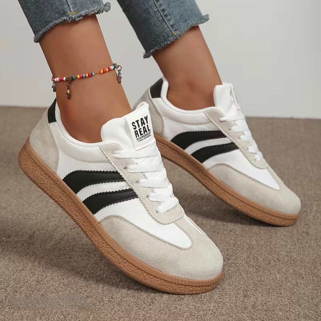 Comfort sneakers, white with light gray suede and black striped accents