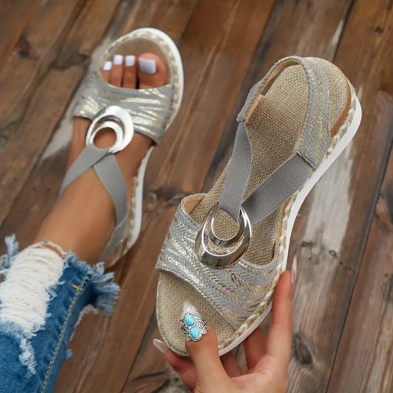 Silver platform espadrille sandals with gray straps and silver ring buckle front