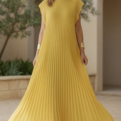 Lemon yellow loose maxi dress with cap sleeves and vertical pleated detailing