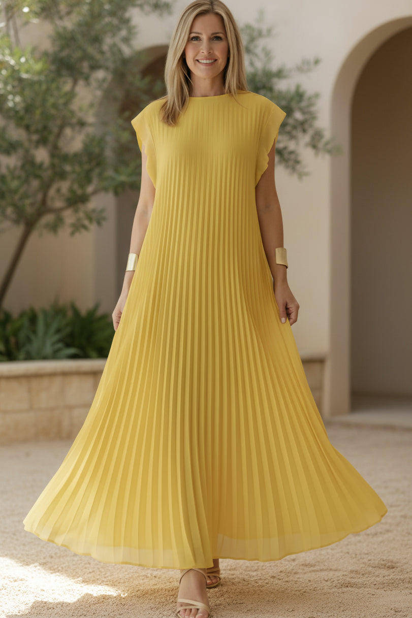 Lemon yellow loose maxi dress with cap sleeves and vertical pleated detailing