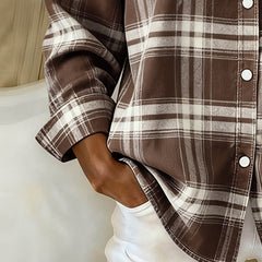 Plaid button-up shirt with notched collar, dark brown and white check, rolled long sleeve