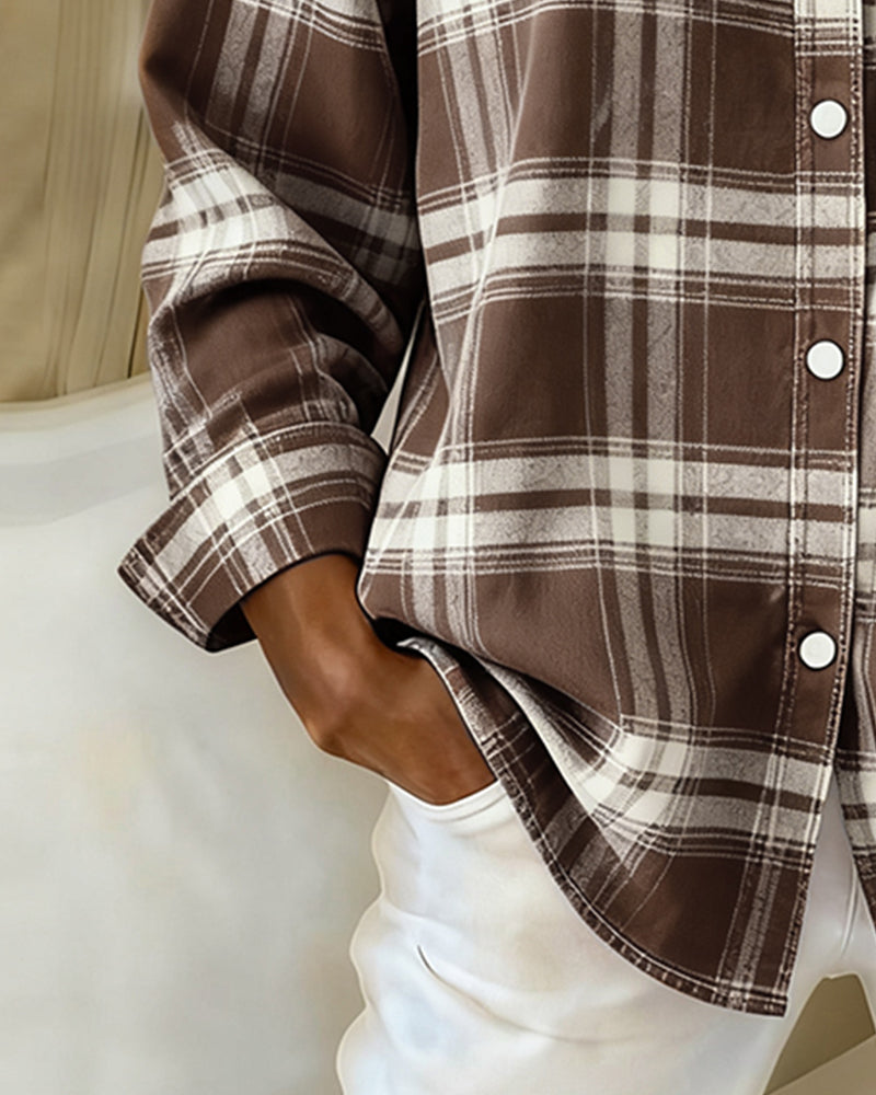 Plaid button-up shirt with notched collar, dark brown and white check, rolled long sleeve