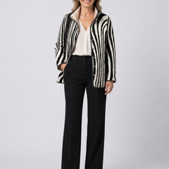 Quilted casual jacket with black-and-white abstract striped pattern, button front