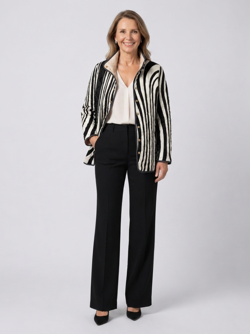 Quilted casual jacket with black-and-white abstract striped pattern, button front
