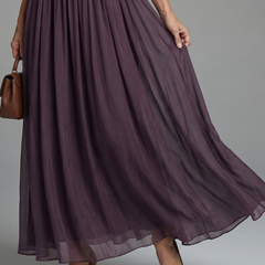 Purple gathered maxi skirt with pleated tiers and sheer hem