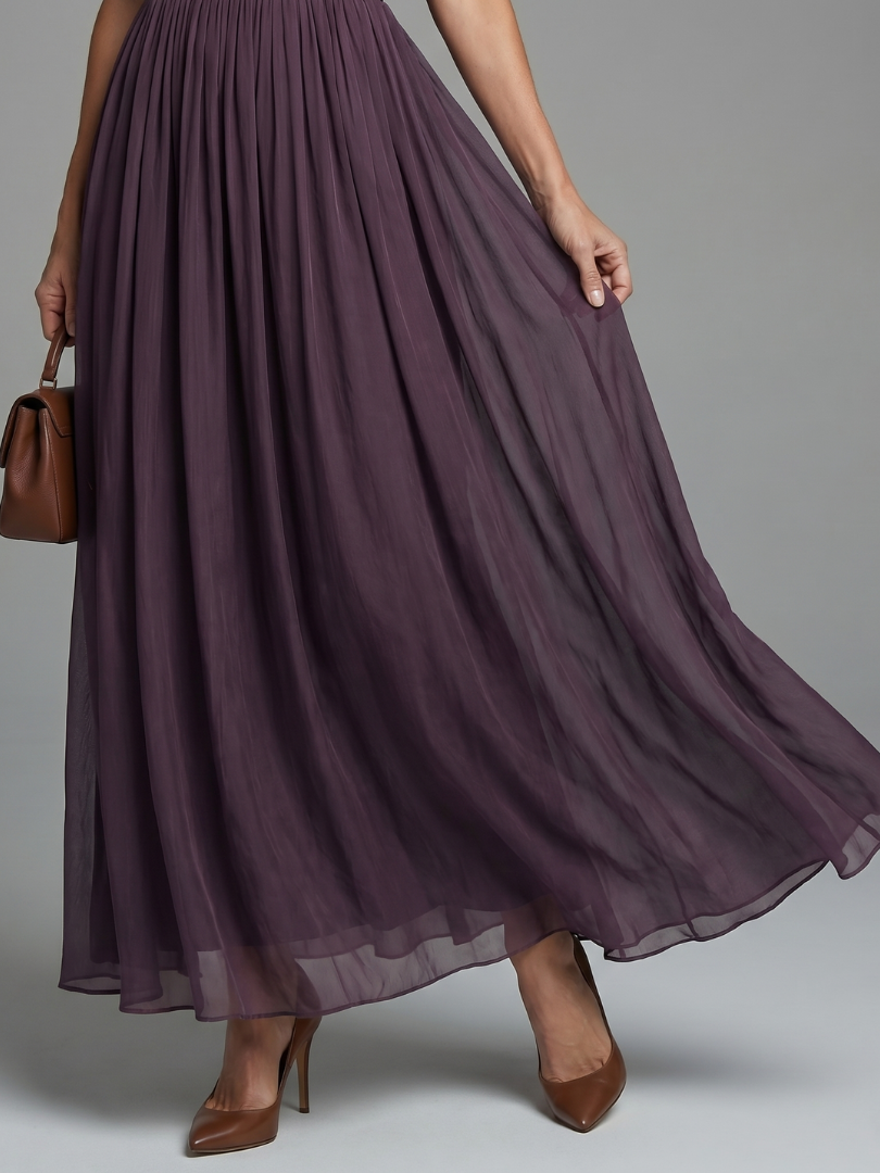 Purple gathered maxi skirt with pleated tiers and sheer hem