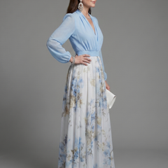 Sky blue V-neck floral maxi dress with sheer bodice, long puff sleeves, gathered waist