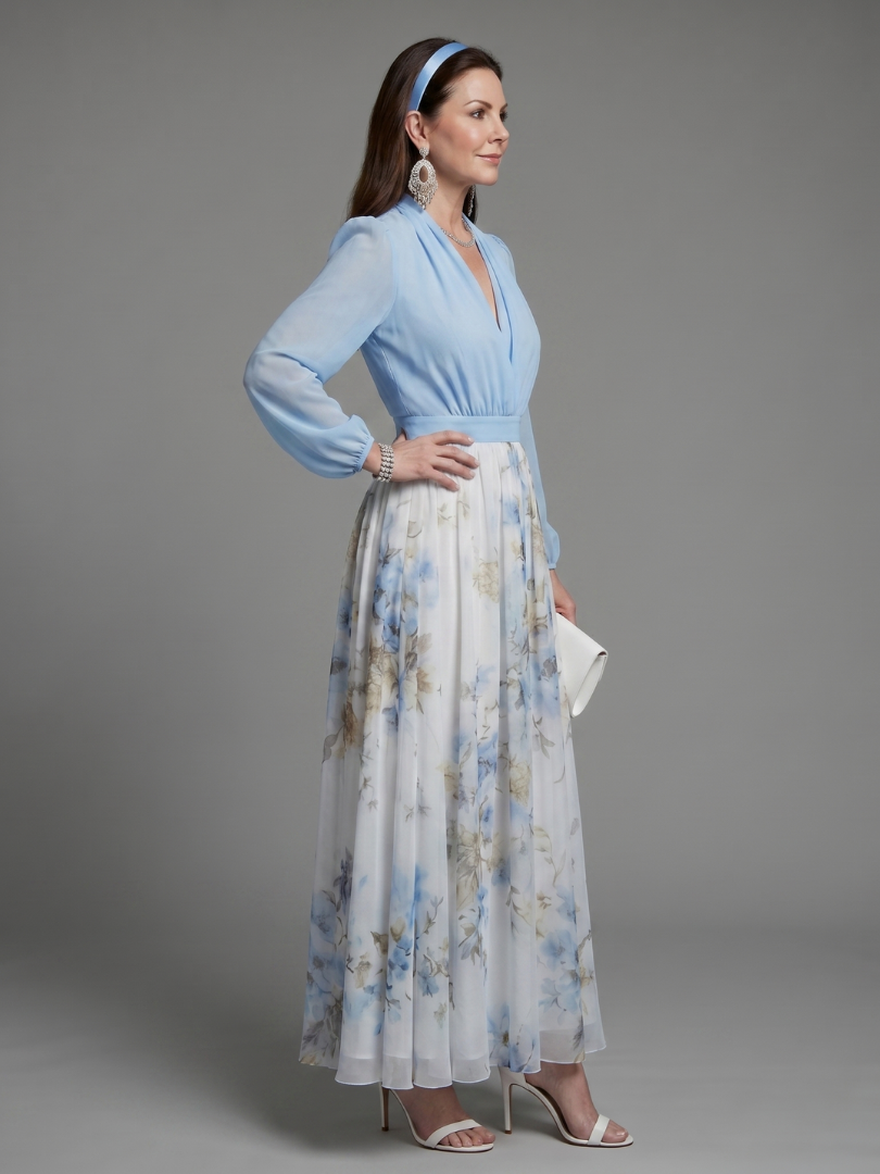 Sky blue V-neck floral maxi dress with sheer bodice, long puff sleeves, gathered waist