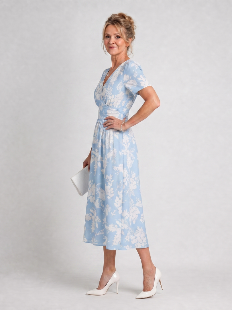 Light blue floral V-neck midi dress with short sleeves and tie-back waist detail