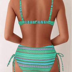 Back view of teal striped bikini top with racerback straps and matching high-waist ties