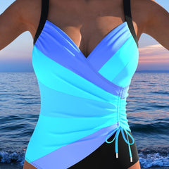 Aqua surplice swimsuit with diagonal colorblocking, ruched cups and side drawstring