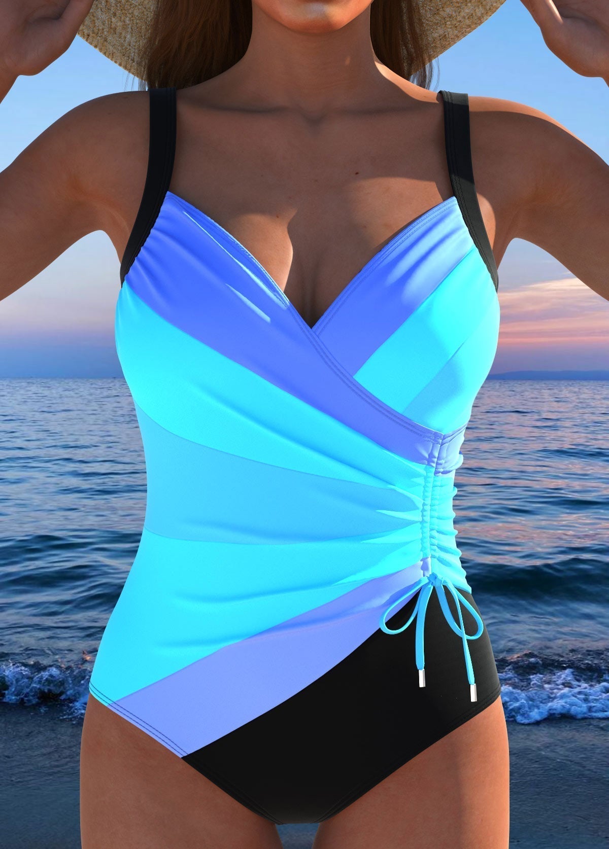 Aqua surplice swimsuit with diagonal colorblocking, ruched cups and side drawstring