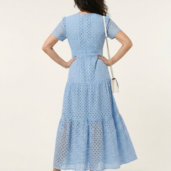 Sky blue V-neck tiered maxi dress, back view with short sleeves