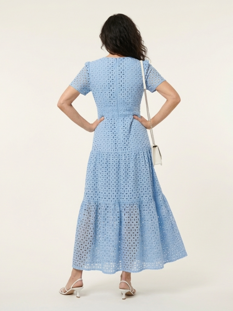 Sky blue V-neck tiered maxi dress, back view with short sleeves