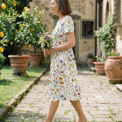 White wildflower print dress with short sleeves and scoop neckline, side view