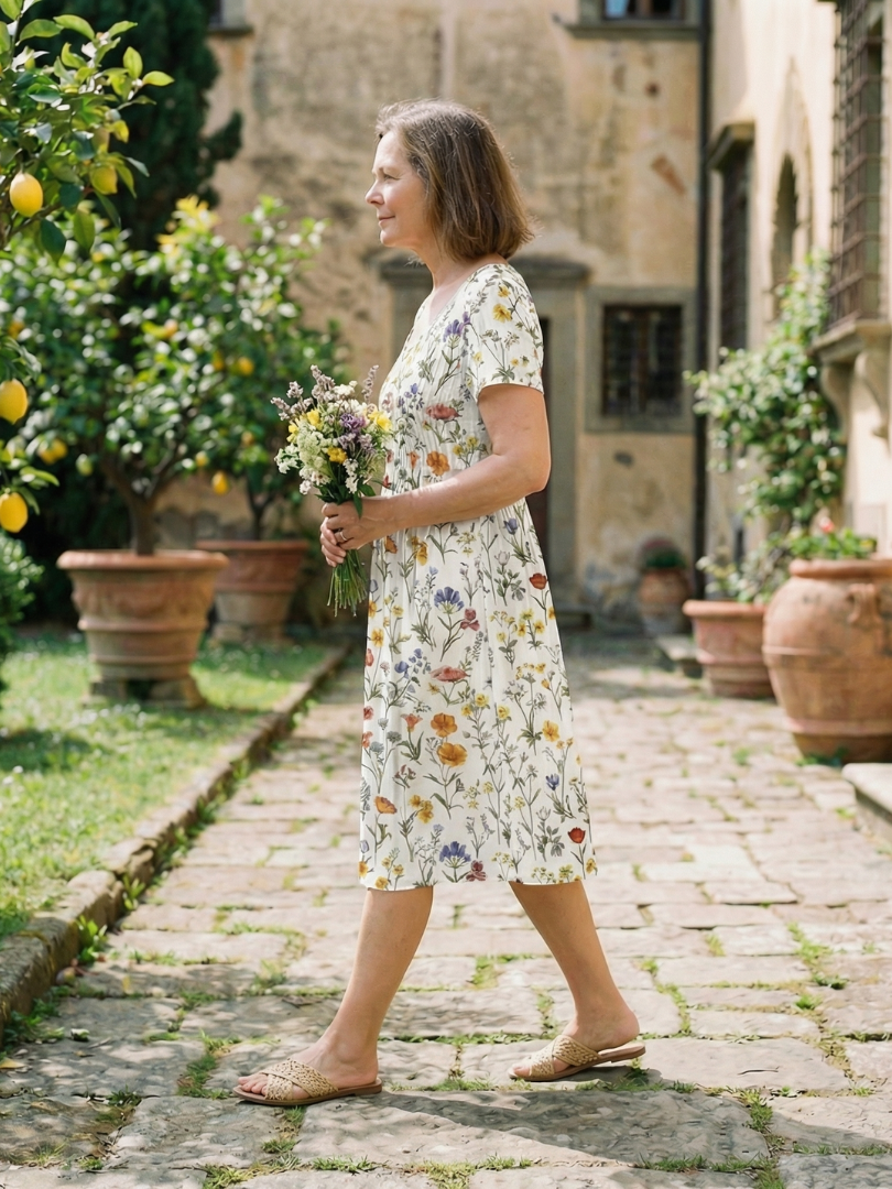 White wildflower print dress with short sleeves and scoop neckline, side view