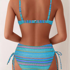 Two-piece striped swimsuit set with blue tie-side bikini bottoms and matching bra top