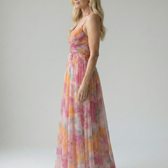 Multicolor sleeveless soft-wrap maxi dress with V-neck and flowing skirt
